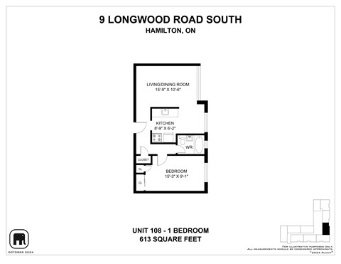 A floor plan for a 1 bedroom apartment at 9 Longwood Road South, Hamilton, ON.